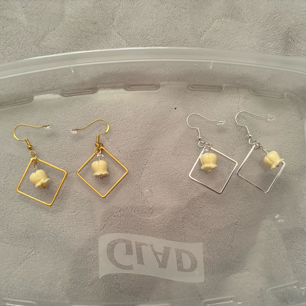 Gold and Silver Square Earrings with Pakalana Flowers